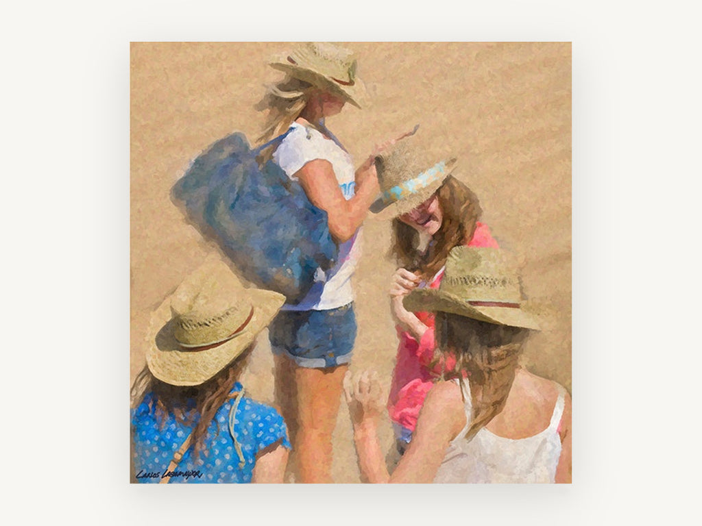 Hats on the Sand, coastal canvas wall art print, front view