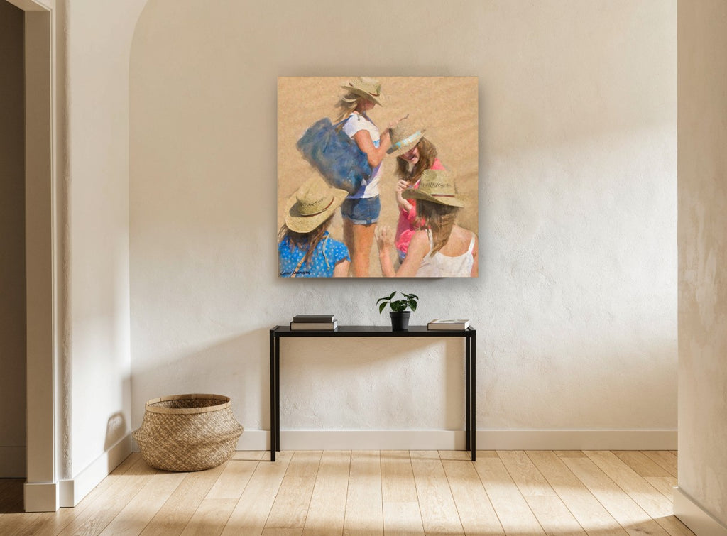 Hats on the Sand coastal canvas print on the wall of a hallway