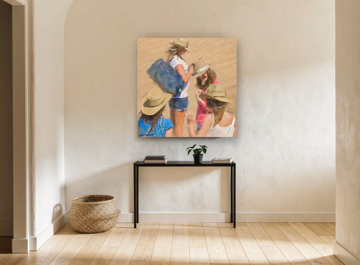 Hats on the Sand coastal canvas print on the wall of a hallway