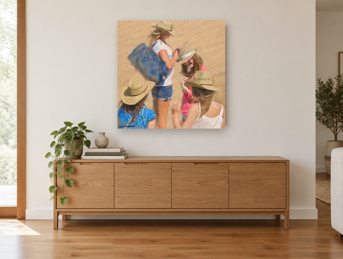 Hats on the Sand coastal canvas print on the wall of a living room above a sideboard