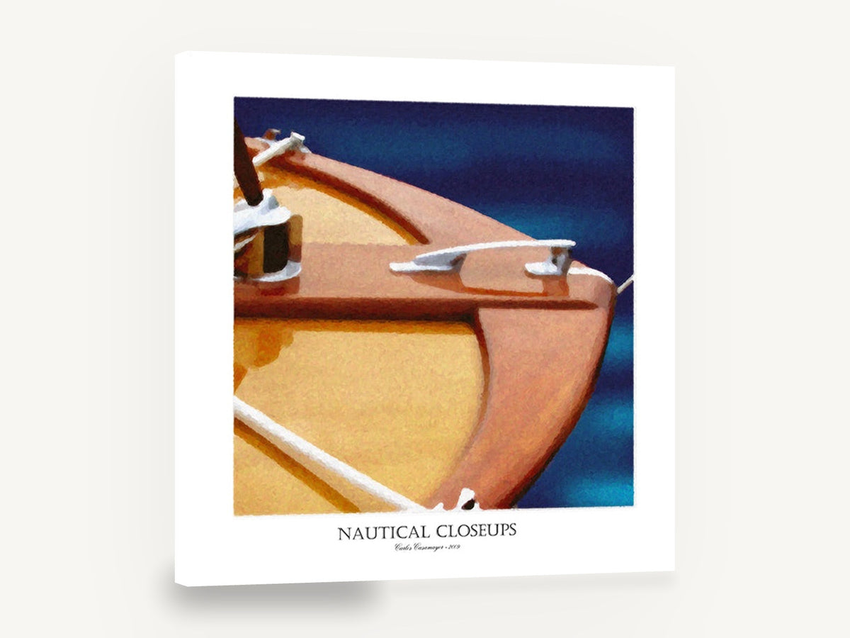 Varnished Bow Closeup, wooden boat bow closeup, coastal canvas wall art print ready to hang