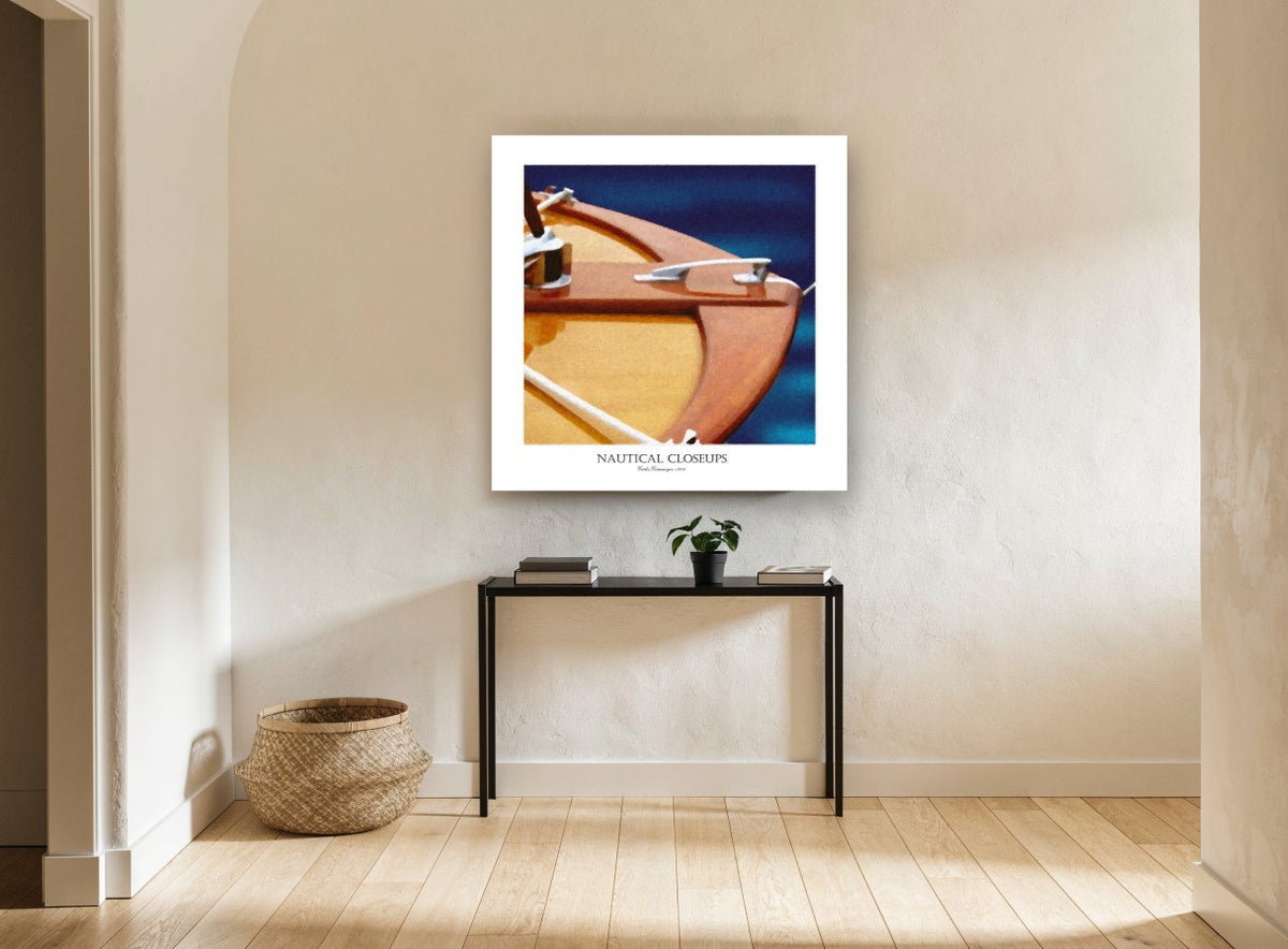 Varnished Bow Closeup coastal canvas print on the wall of a hallway