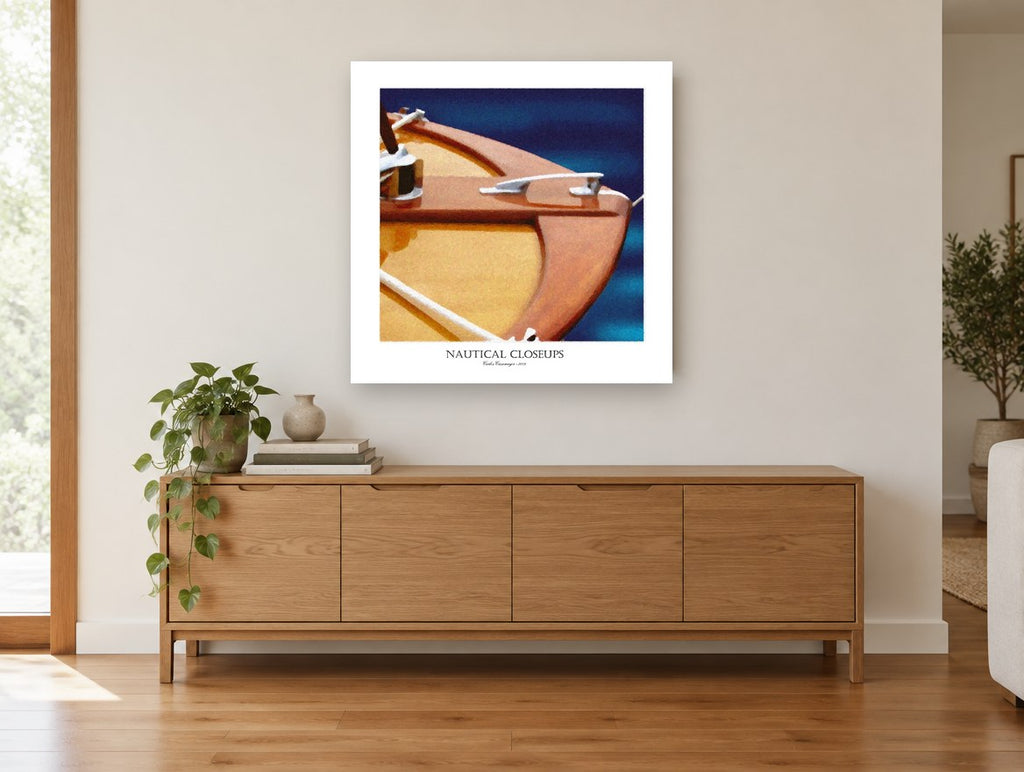 Varnished Bow Closeup coastal canvas print on the wall of a living room above a sideboard