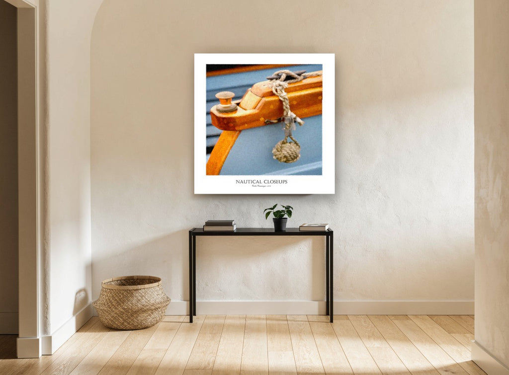 Varnished Bow Cleat coastal canvas print on the wall of a hallway