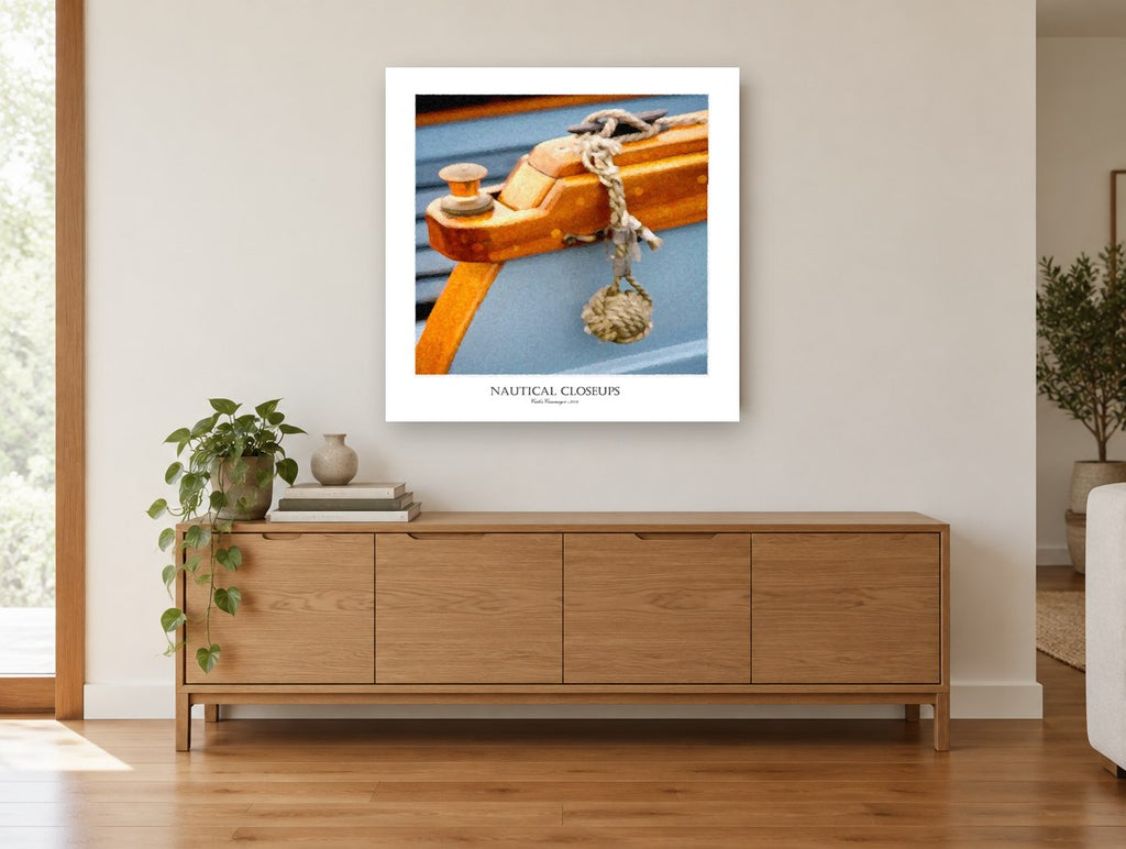 Varnished Bow Cleat coastal canvas print on the wall of a living room above a sideboard