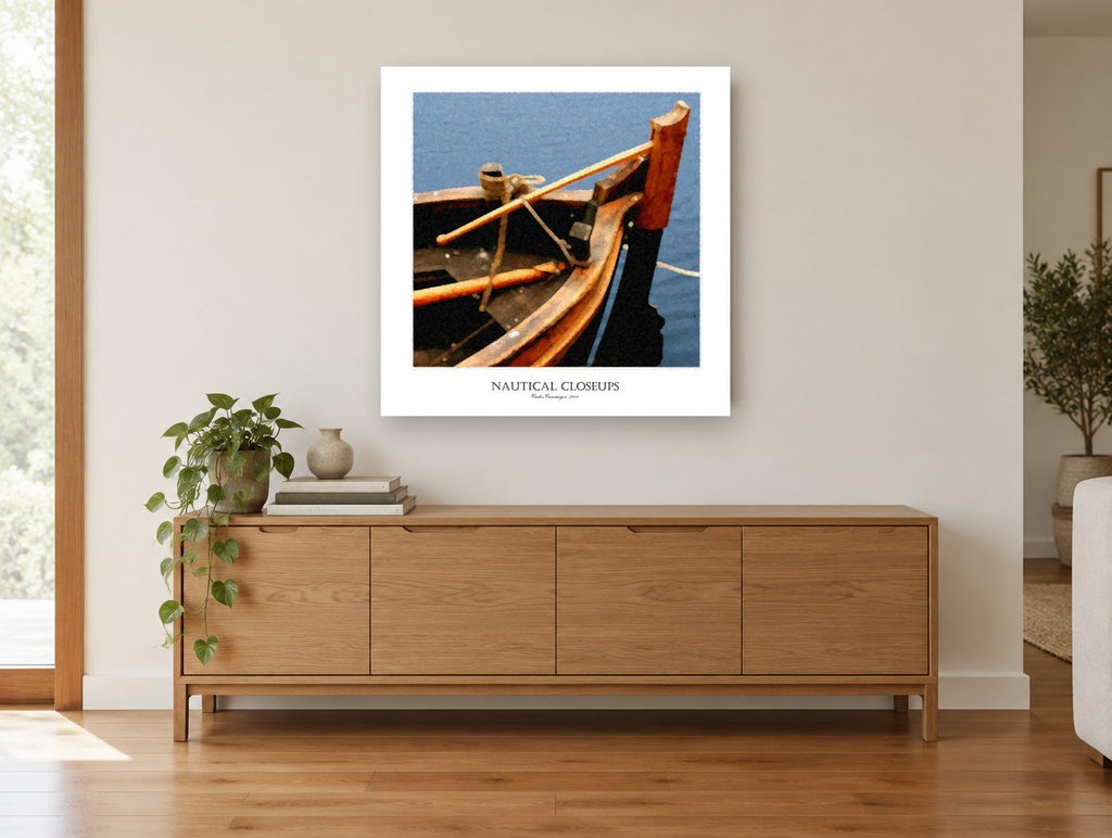 Timber Bow at Anchor coastal canvas print on the wall of a living room above a sideboard