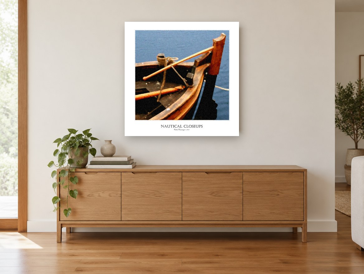 Timber Bow at Anchor coastal canvas print on the wall of a living room above a sideboard