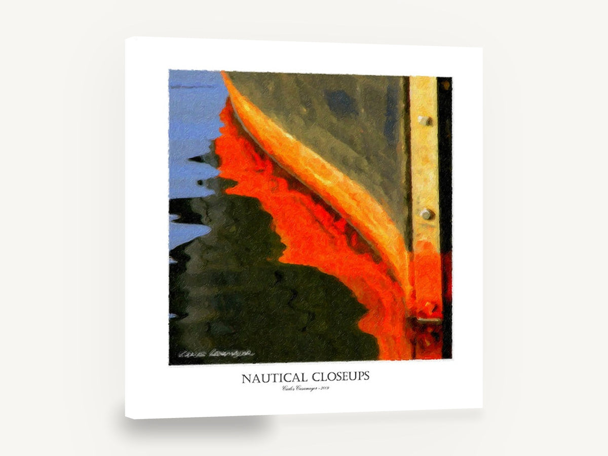Orange Hull Reflection, orange boat hull reflection abstract, coastal canvas wall art print ready to hang