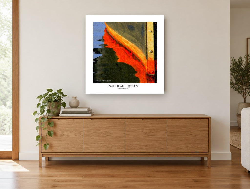 Orange Hull Reflection coastal canvas print on the wall of a living room above a sideboard