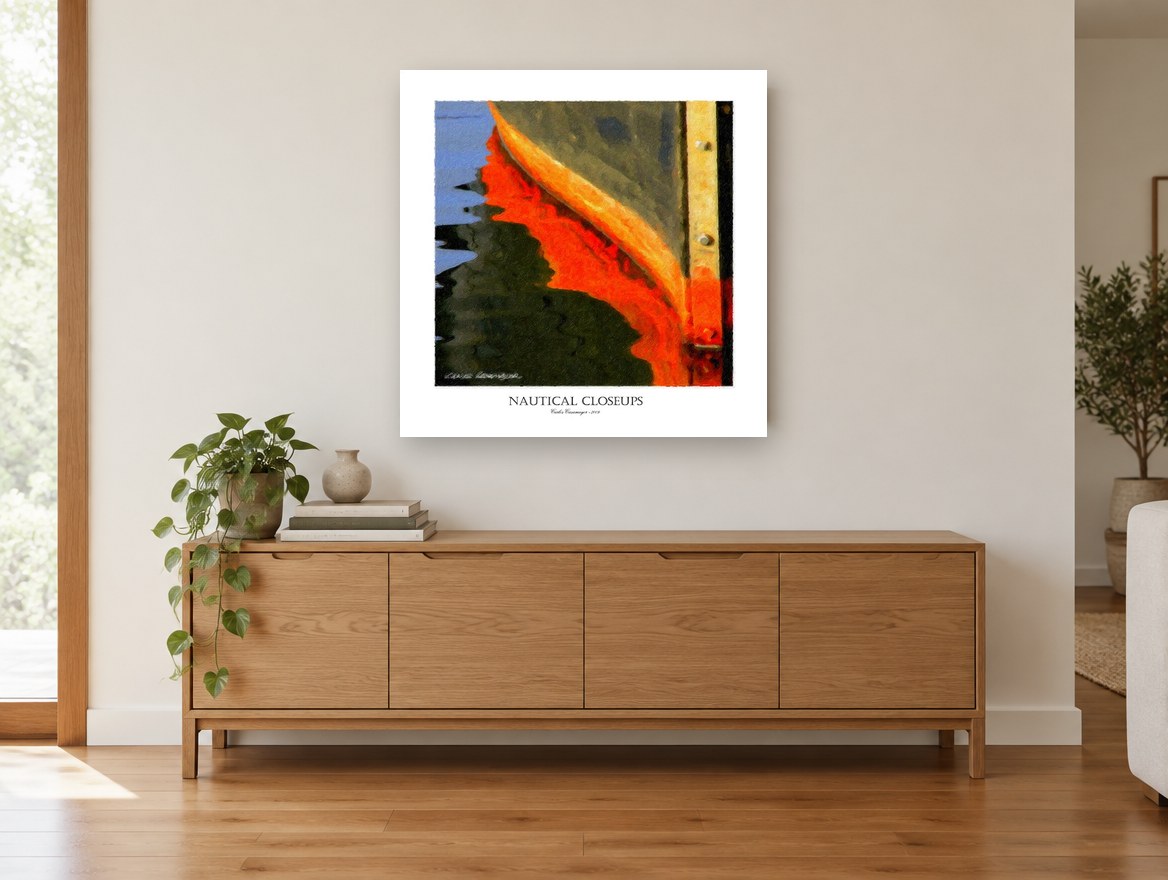 Orange Hull Reflection coastal canvas print on the wall of a living room above a sideboard