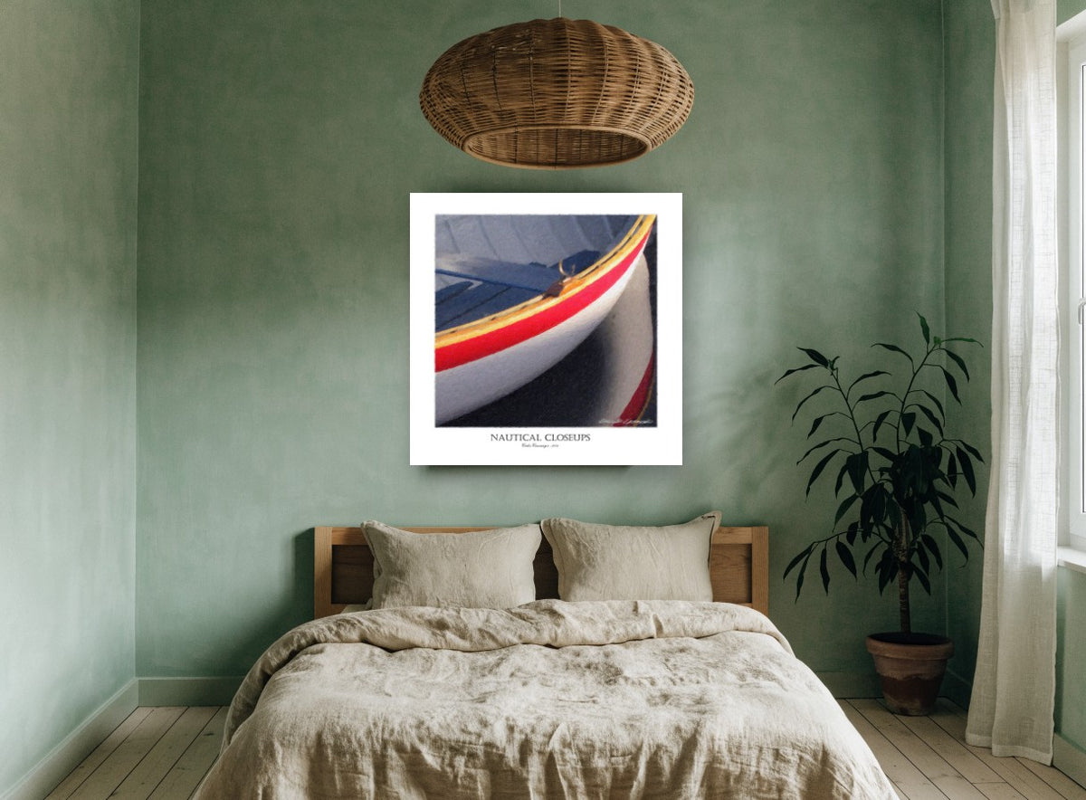 Red Stripe Dinghy Bow coastal canvas print on the wall of a bedroom