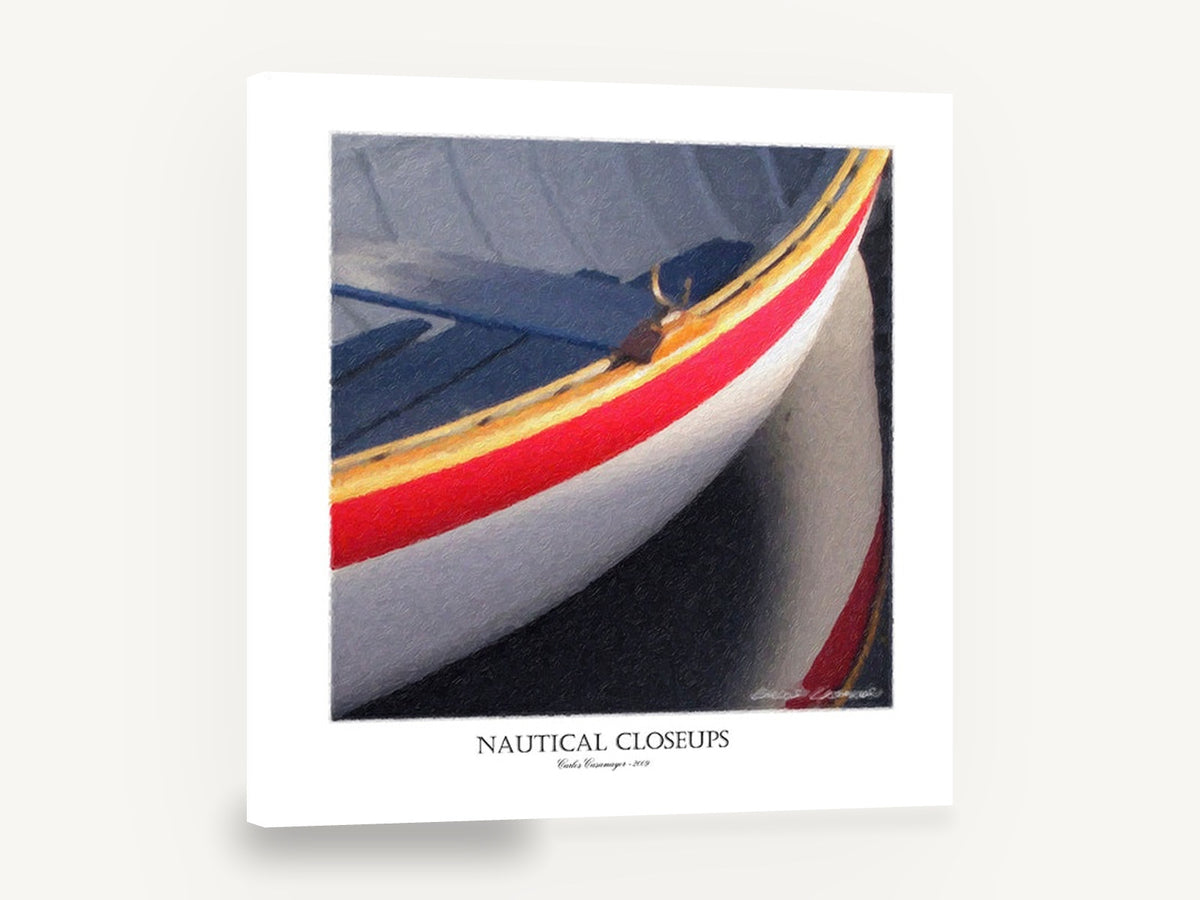 Red Stripe Dinghy Bow, red striped boat bow closeup, coastal canvas wall art print ready to hang