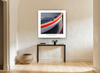 Red Stripe Dinghy Bow coastal canvas print on the wall of a hallway