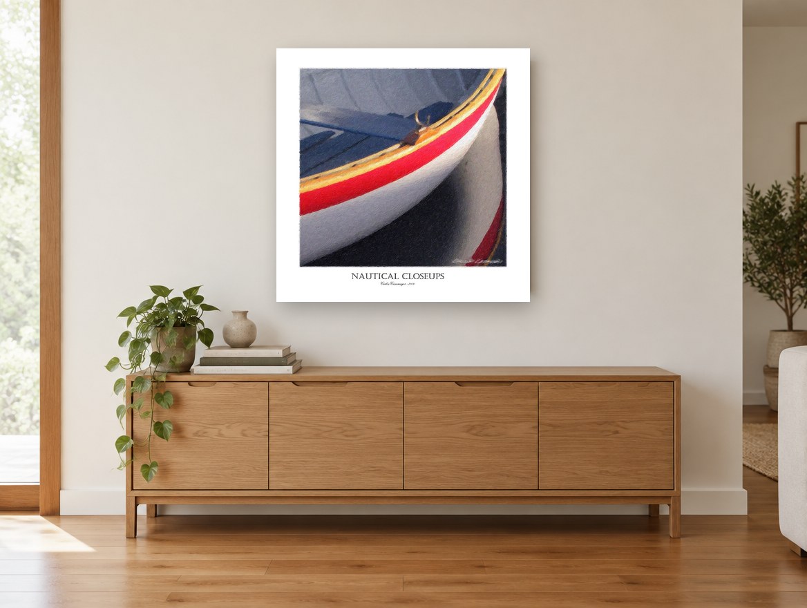 Red Stripe Dinghy Bow coastal canvas print on the wall of a living room above a sideboard