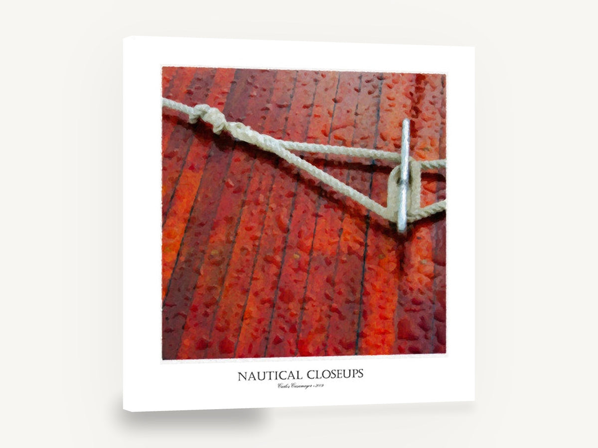 Rope on Red Deck, rope and cleat red deck closeup, coastal canvas wall art print ready to hang