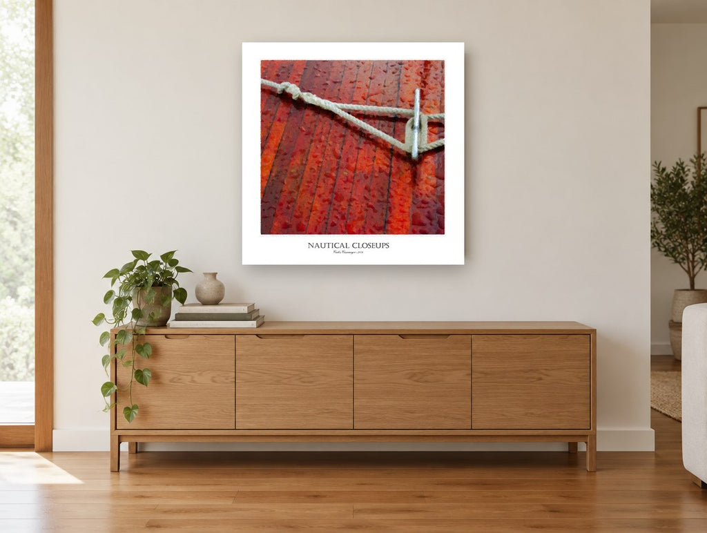 Rope on Red Deck coastal canvas print on the wall of a living room above a sideboard