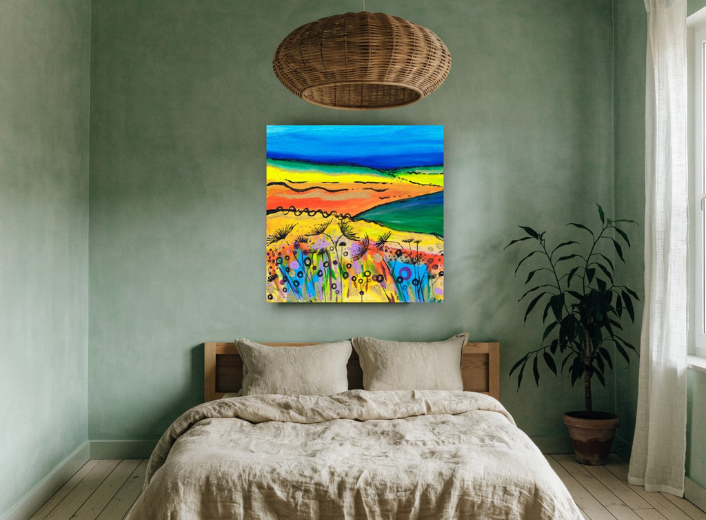 Bright Meadow Hills landscape canvas print on the wall of a bedroom