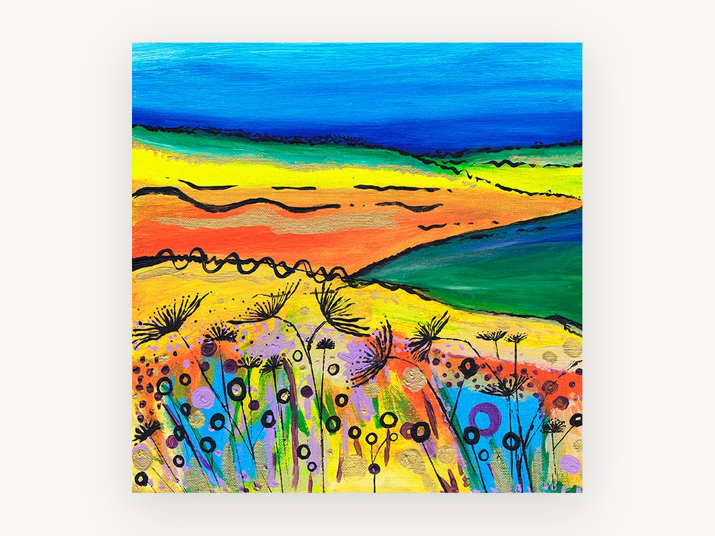 Bright Meadow Hills, colourful meadow hills abstract landscape, landscape canvas wall art print, front view