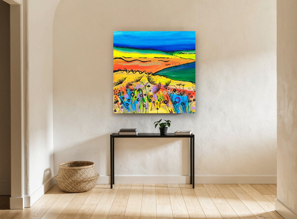 Bright Meadow Hills landscape canvas print on the wall of a hallway