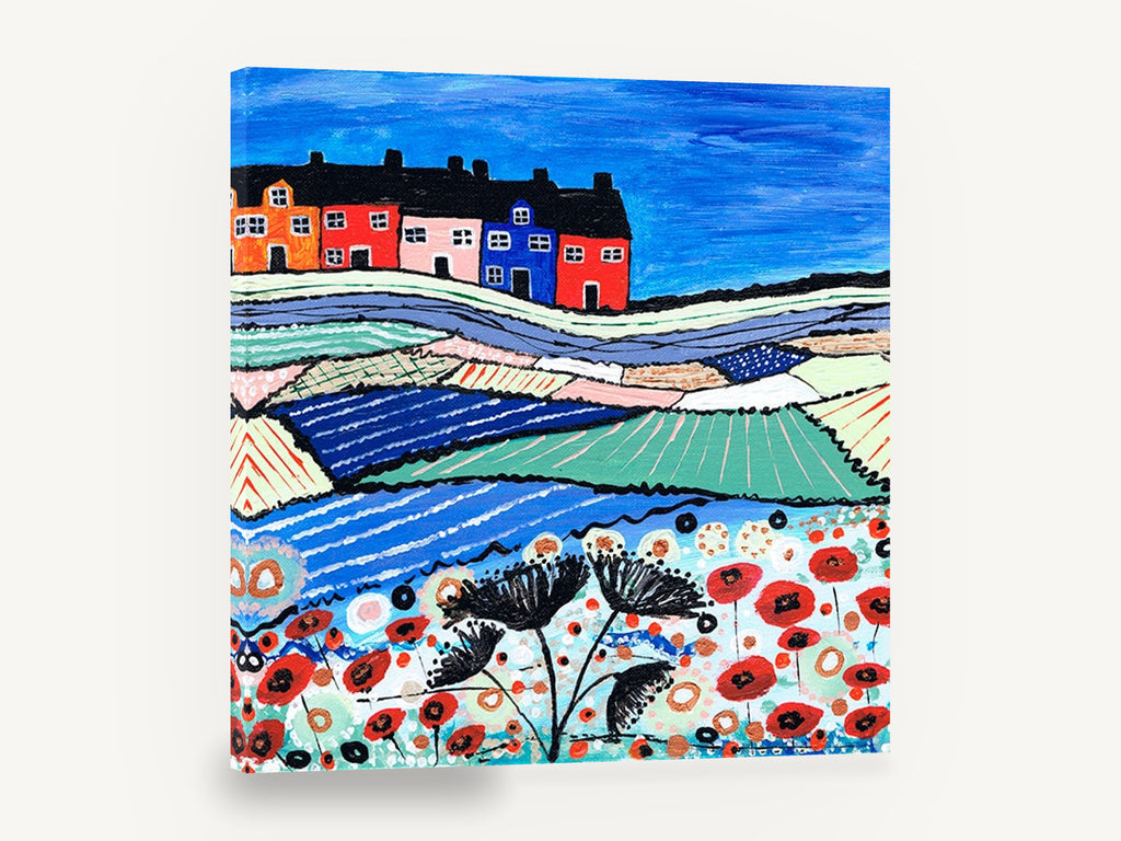 Poppy Hill Terrace, colourful village poppy field folk art, landscape canvas wall art print ready to hang