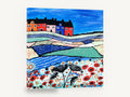 Poppy Hill Terrace, colourful village poppy field folk art, landscape canvas wall art print ready to hang