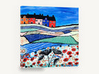Poppy Hill Terrace, colourful village poppy field folk art, landscape canvas wall art print ready to hang