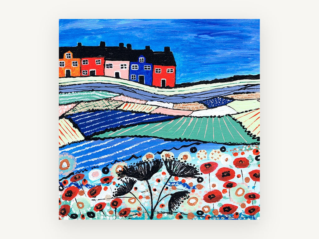Poppy Hill Terrace, colourful village poppy field folk art, landscape canvas wall art print, front view