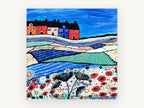 Poppy Hill Terrace, colourful village poppy field folk art, landscape canvas wall art print, front view