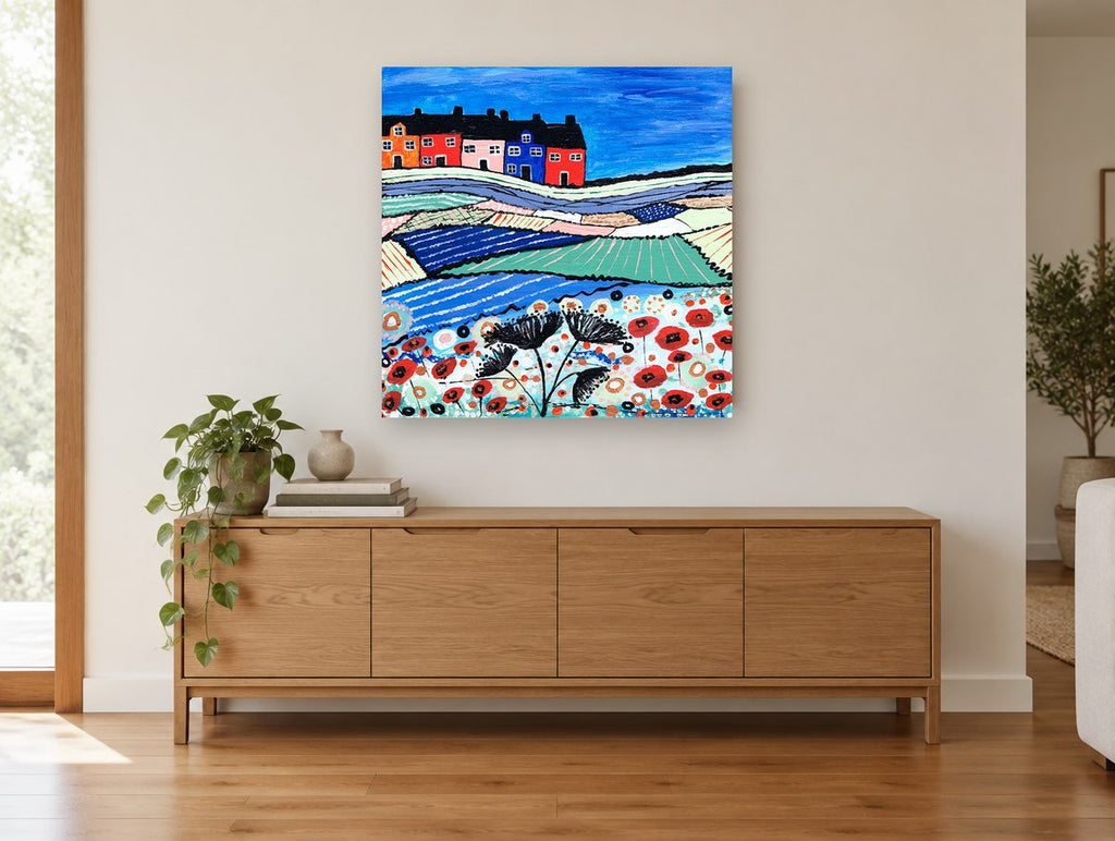 Poppy Hill Terrace landscape canvas print on the wall of a living room above a sideboard
