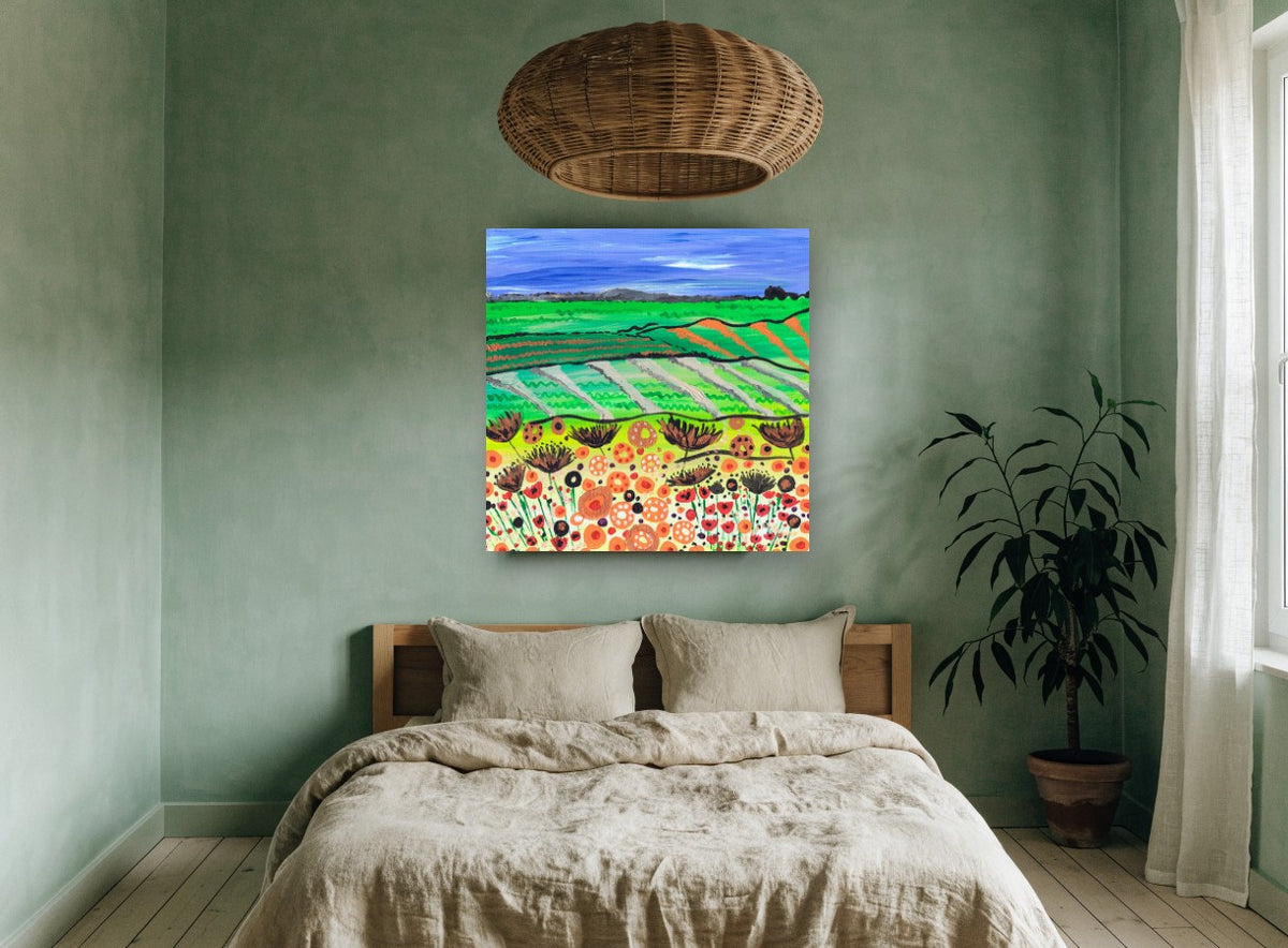Poppy Field Patchwork landscape canvas print on the wall of a bedroom