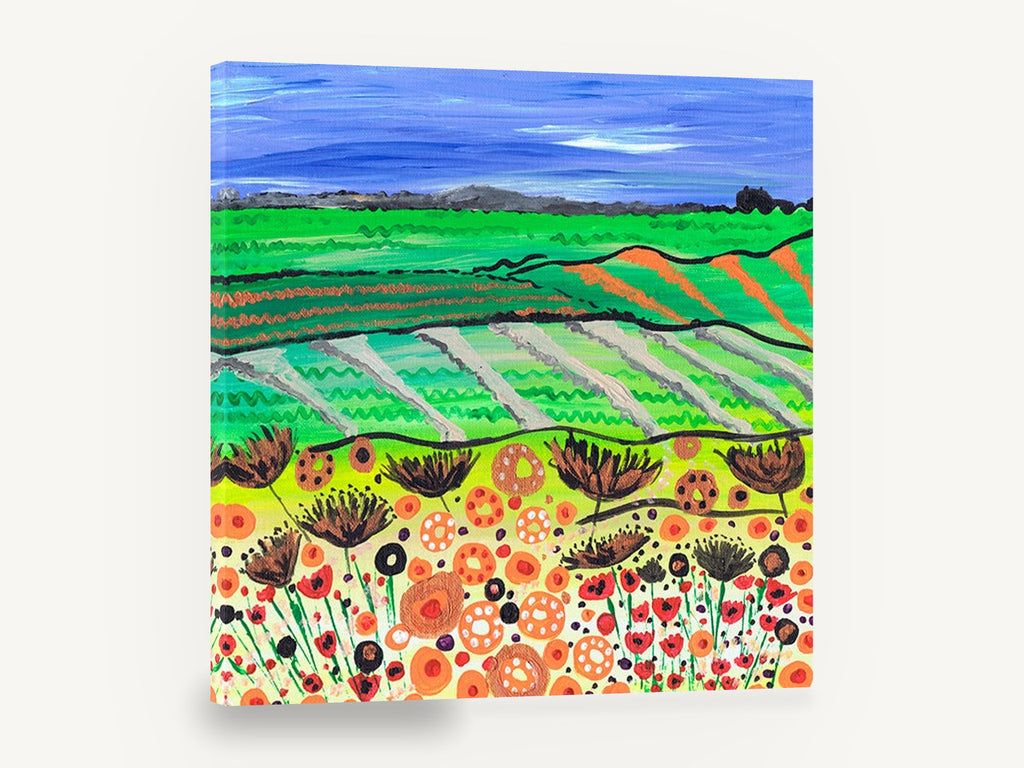Poppy Field Patchwork, colourful poppy field countryside painting, landscape canvas wall art print ready to hang