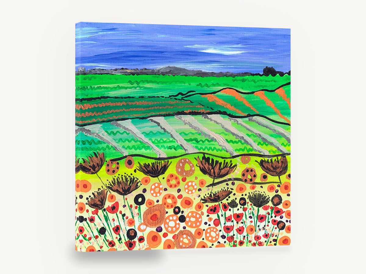 Poppy Field Patchwork, colourful poppy field countryside painting, landscape canvas wall art print ready to hang