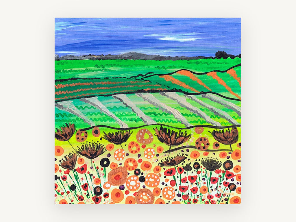 Poppy Field Patchwork, colourful poppy field countryside painting, landscape canvas wall art print, front view