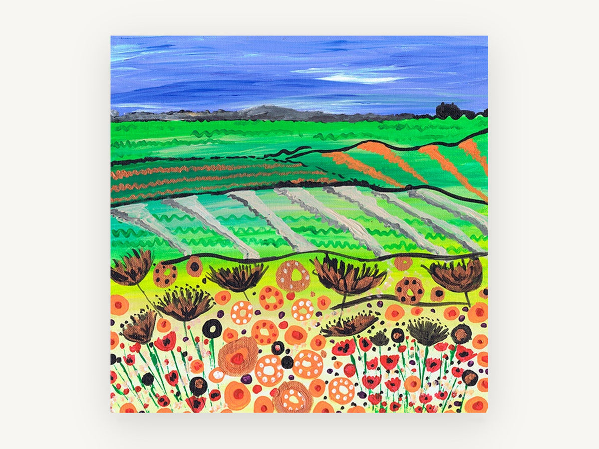 Poppy Field Patchwork, colourful poppy field countryside painting, landscape canvas wall art print, front view