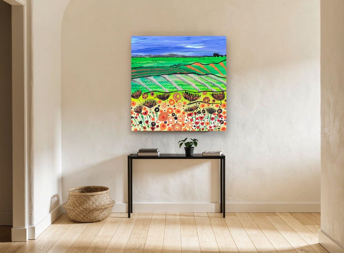 Poppy Field Patchwork landscape canvas print on the wall of a hallway