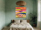 Poppy Hill Patchwork landscape canvas print on the wall of a bedroom