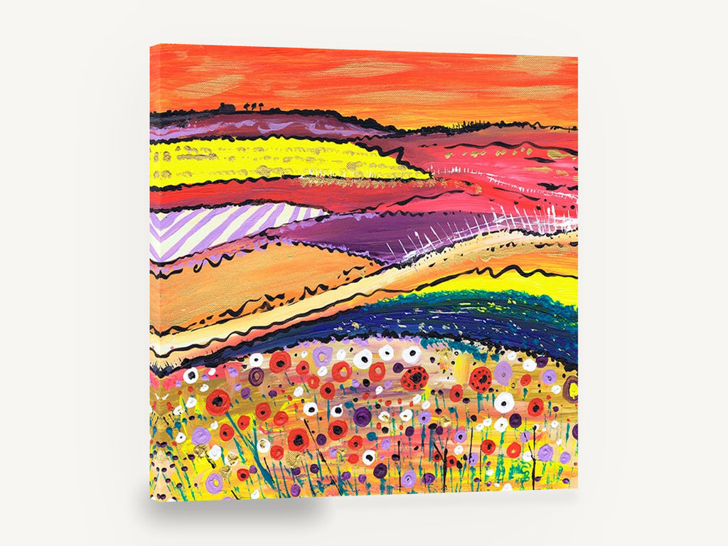 Poppy Hill Patchwork, colourful poppy field abstract landscape, landscape canvas wall art print ready to hang