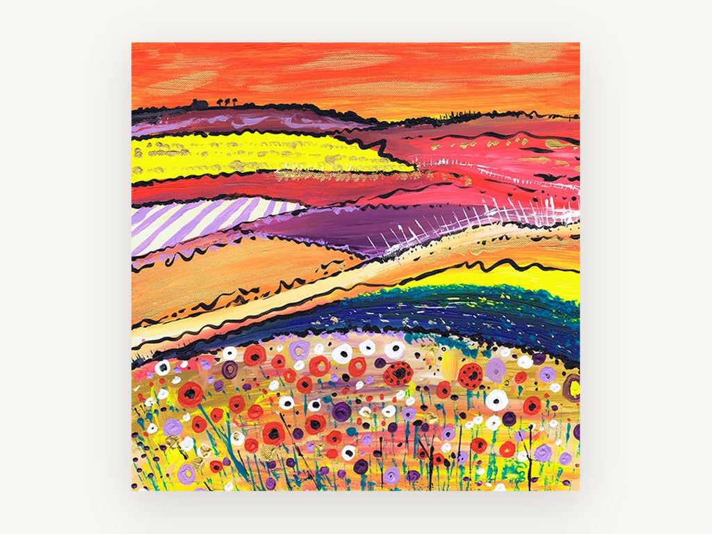 Poppy Hill Patchwork, colourful poppy field abstract landscape, landscape canvas wall art print, front view