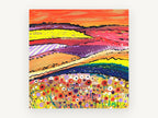 Poppy Hill Patchwork, colourful poppy field abstract landscape, landscape canvas wall art print, front view