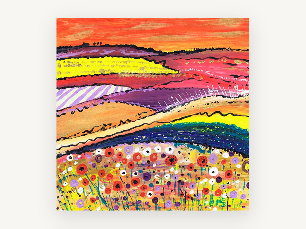 Poppy Hill Patchwork, colourful poppy field abstract landscape, landscape canvas wall art print, front view