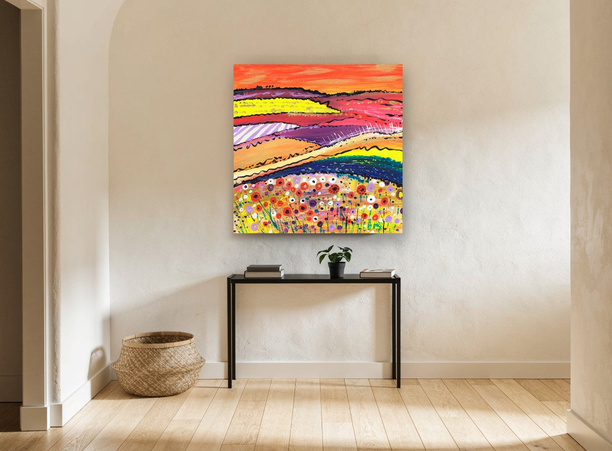 Poppy Hill Patchwork landscape canvas print on the wall of a hallway