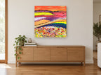 Poppy Hill Patchwork landscape canvas print on the wall of a living room above a sideboard