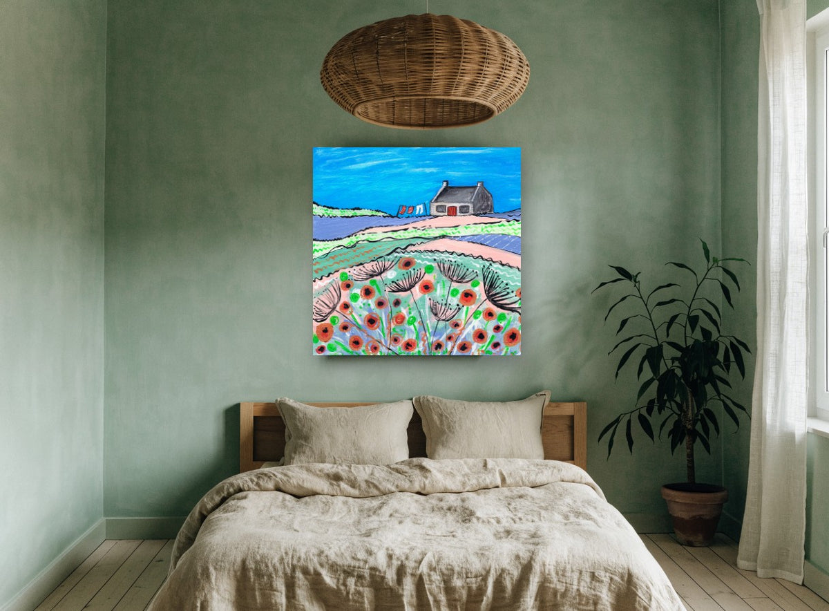 Washing Day Poppies landscape canvas print on the wall of a bedroom