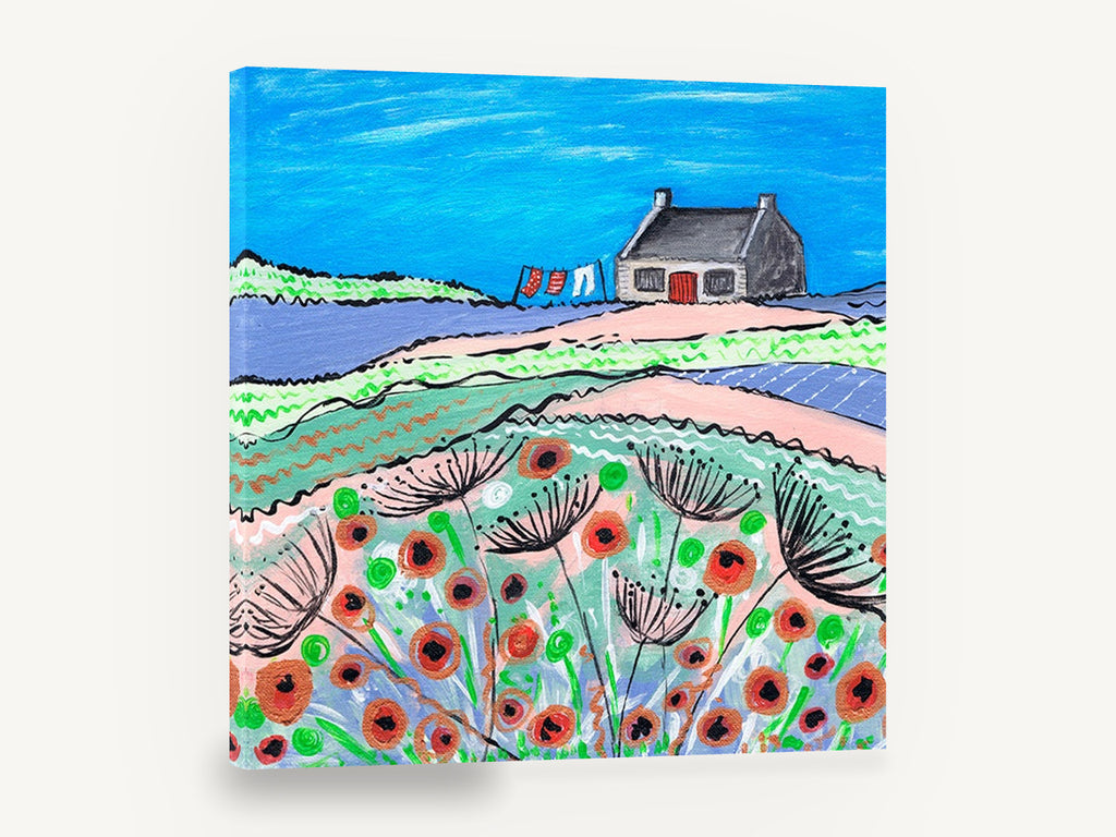 Washing Day Poppies, poppy field cottage folk art landscape, landscape canvas wall art print ready to hang