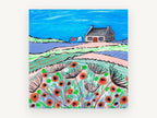 Washing Day Poppies, poppy field cottage folk art landscape, landscape canvas wall art print, front view