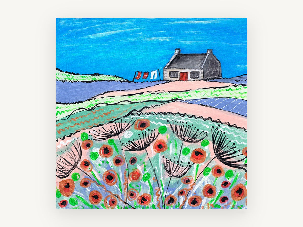 Washing Day Poppies, poppy field cottage folk art landscape, landscape canvas wall art print, front view