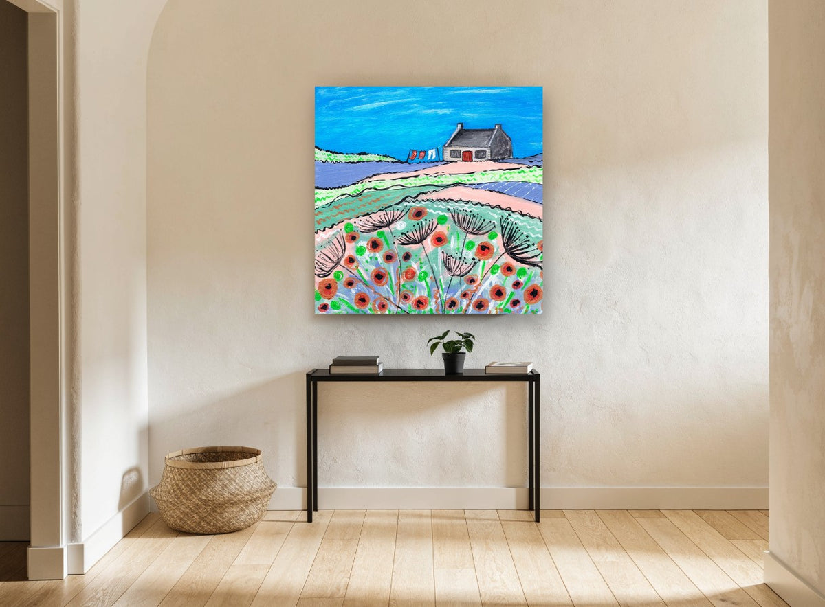Washing Day Poppies landscape canvas print on the wall of a hallway