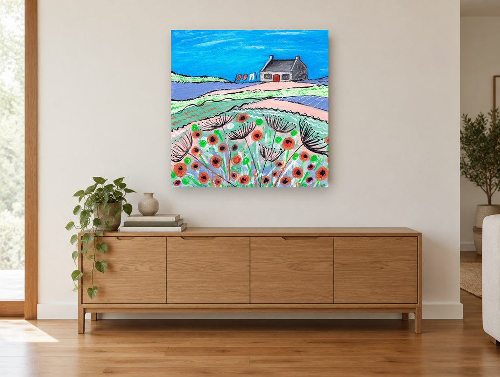 Washing Day Poppies landscape canvas print on the wall of a living room above a sideboard