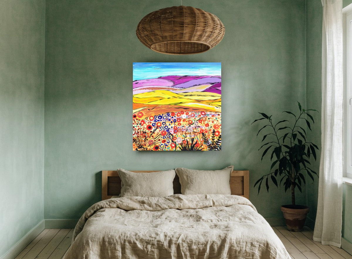 Lilac Hills Poppy Meadow landscape canvas print on the wall of a bedroom