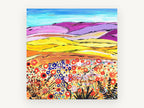Lilac Hills Poppy Meadow, colourful rolling hills poppy field painting, landscape canvas wall art print, front view